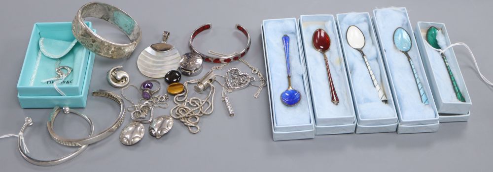 Egon Lauridsen, Denmark, a set of five silver-gilt and enamel coffee spoons and a collection of modern silver jewellery,
